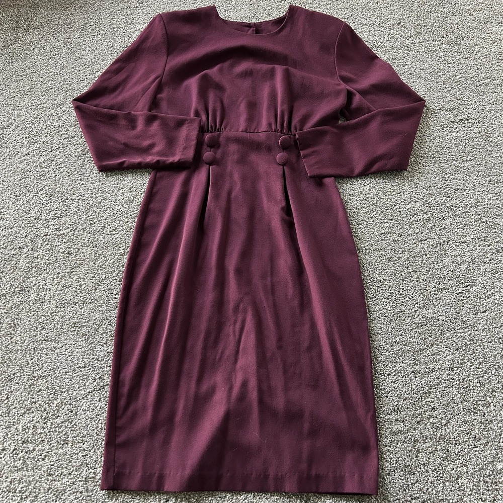 Vintage Hearts Dress Womens 4 Purple Long Sleeve Sheath Button Waist Midi